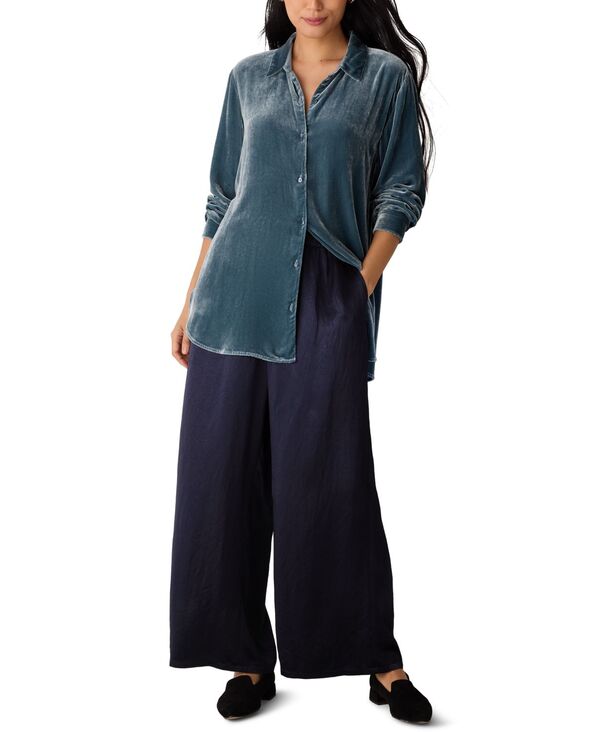エイリーンフィッシャー レディース トップス シャツ ベルベット 長袖 Eileen Fisher Women's Collared Velvet Long-Sleeve Shirt Blue ブルー｜ReVida 店