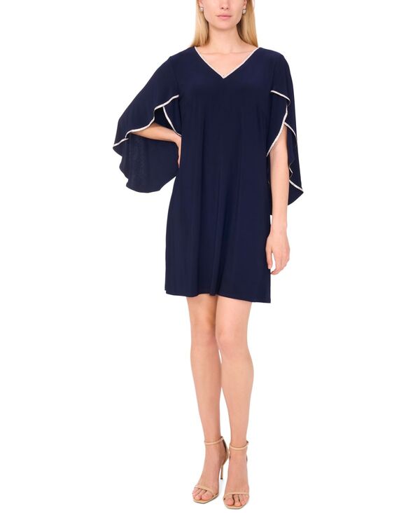ミスク レディース トップス ワンピース Vネック ケープデザイン キャップ ケープ MSK Women's V-Neck Cape-Sleeve Dress Navy ネイビー