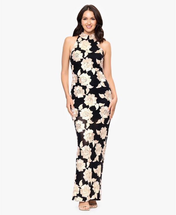 ベッツィアンドアダム レディース トップス ワンピース プチ ノースリーブ 刺繍 Betsy & Adam Petite 3D Embroidered Flower Sleeveless Long Dress Black Champagne ブラック