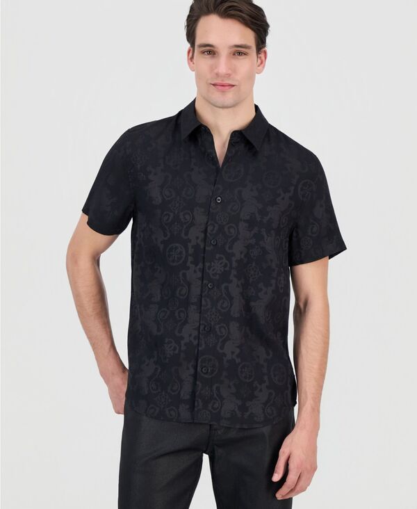 ゲス メンズ トップス シャツ 半袖 GUESS Men's Lion Peony Jacquard Short-Sleeve Button-Front Shirt Lion Peony Jacquard Jet Black ブラック