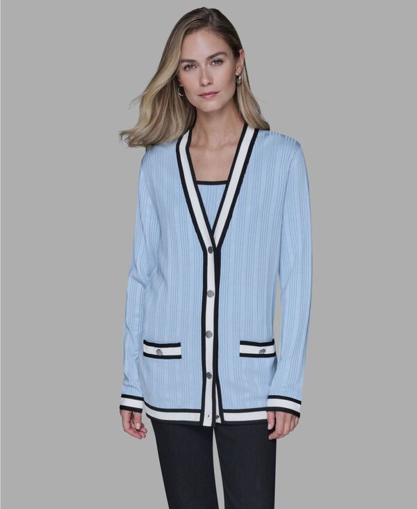 カール ラガーフェルド レディース アウター ニット・セーター Vネック コントラスト カーディガン KARLAGERFELD PARIS Women's V-Neck Contrast Cardigan Blue Aura ブルー