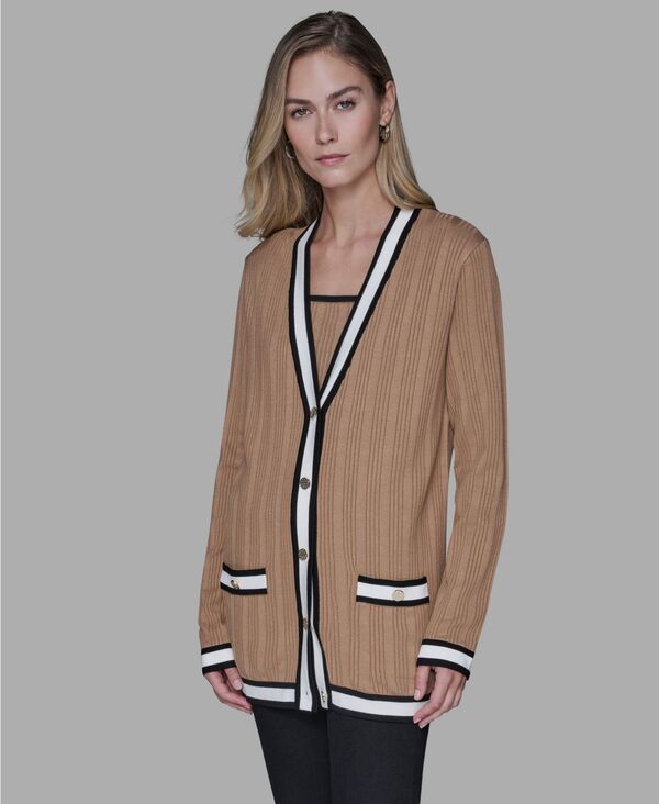 カール ラガーフェルド レディース アウター ニット・セーター Vネック コントラスト カーディガン KARLAGERFELD PARIS Women's V-Neck Contrast Cardigan Cartouche