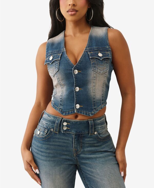 トゥルーレリジョン レディース アウター パーカー・スウェット ベスト デニム True Religion Women's Faded Wash Denim Vestinted Medium Wash デニム