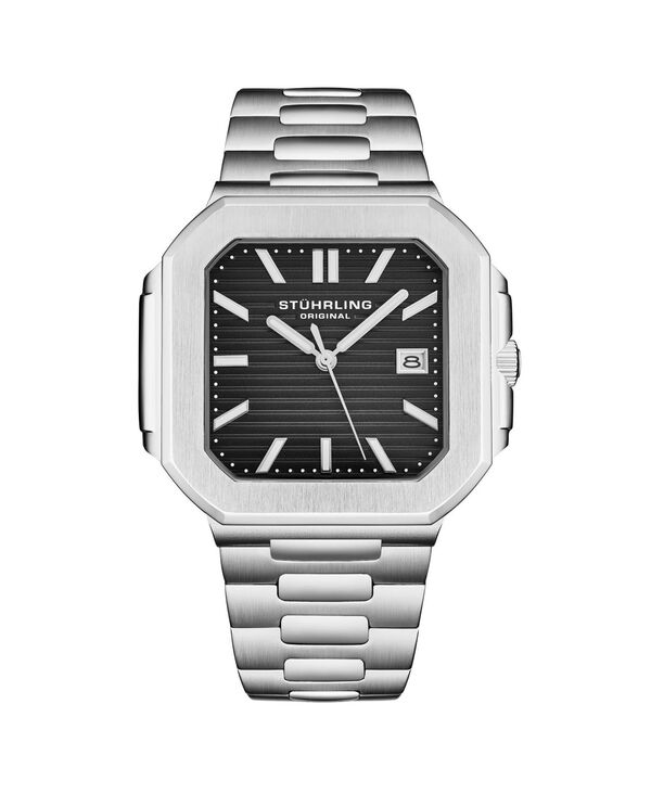 ストゥーリング メンズ アクセサリー 腕時計 Tシャツ Stuhrling Men s Quartz Modulus 4064 Watch Brushed Steel Integrated Bracelet 43 mm Square Case Grey グレー 28,470円