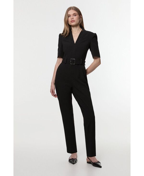 カレンミレン レディース ボトムス カジュアルパンツ クレープ ジャンプスーツ Karen Millen Women's Crepe Belted Jumpsuit Black ブラック｜ReVida 店