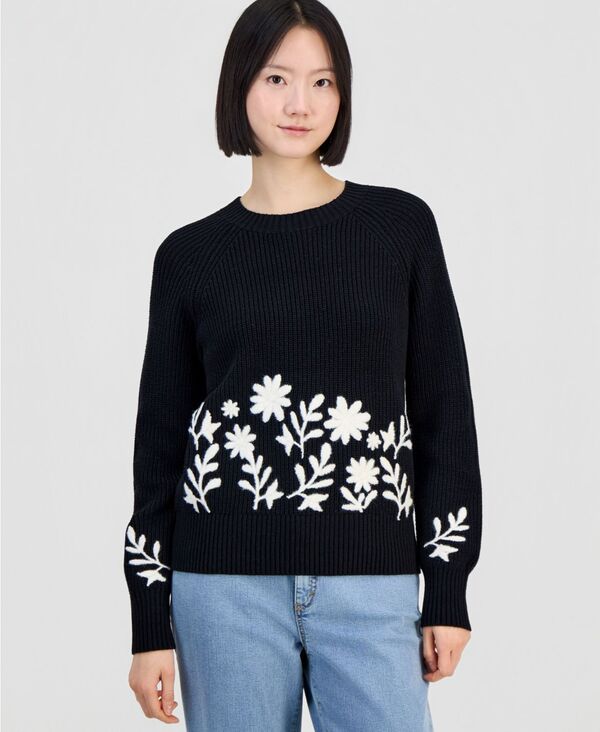 スタイルアンドコー レディース アウター ニット・セーター クルーネック プチ 刺繍 Style & Co Petitembroidered Rib Crew Neck Sweater Deep Black Eggnog Combo ブラック