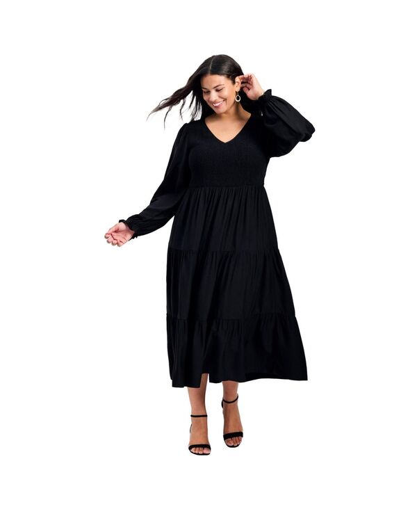 アベニュー レディース トップス ワンピース プラスサイズ AVENUE Women's Plusize Indi Puff Sleeve Shirredress Black ブラック