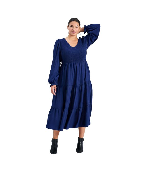 アベニュー レディース トップス ワンピース プラスサイズ AVENUE Women's Plusize Indi Puff Sleeve Shirredress Navy ネイビー