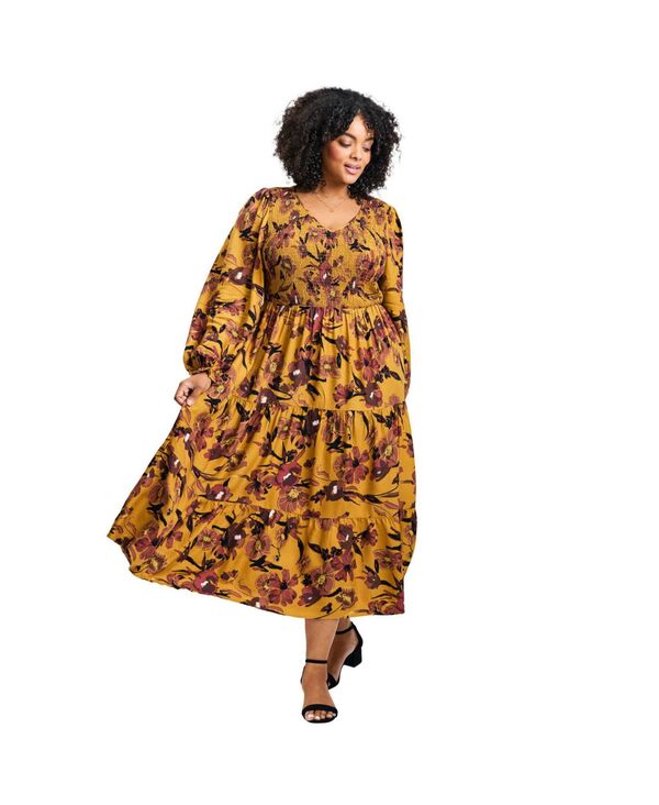 アベニュー レディース トップス ワンピース プラスサイズ AVENUE Women's Plusize Indi Puff Sleeve Shirredressymphony