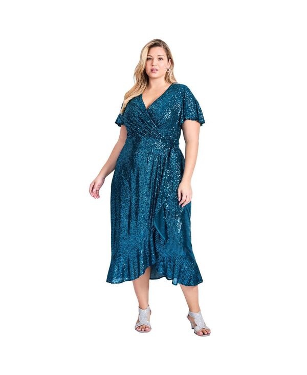 アベニュー レディース トップス ワンピース プラスサイズ スパンコール AVENUE Women's Plusize Nina Sequin Wrap Dress Emerald エメラルド