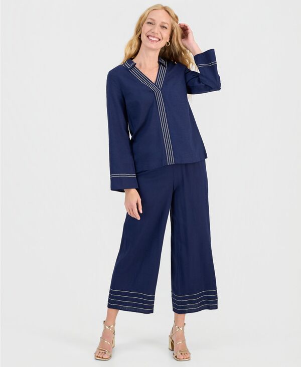 ジェイエムコレクション レディース ボトムス カジュアルパンツ JM Collection Women's Trapunto Stitch Pull-On Wide-Leg Pants Intrepid Blue ブルー 10,110円