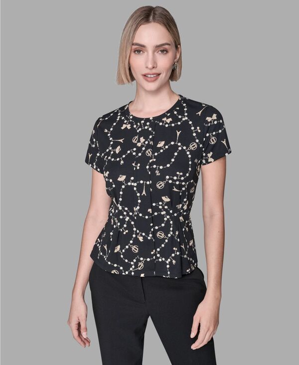 カール ラガーフェルド レディース トップス シャツ クルーネック KARLAGERFELD PARIS Women's Crewneck Pull-On Fitted Top Black Multi ブラック