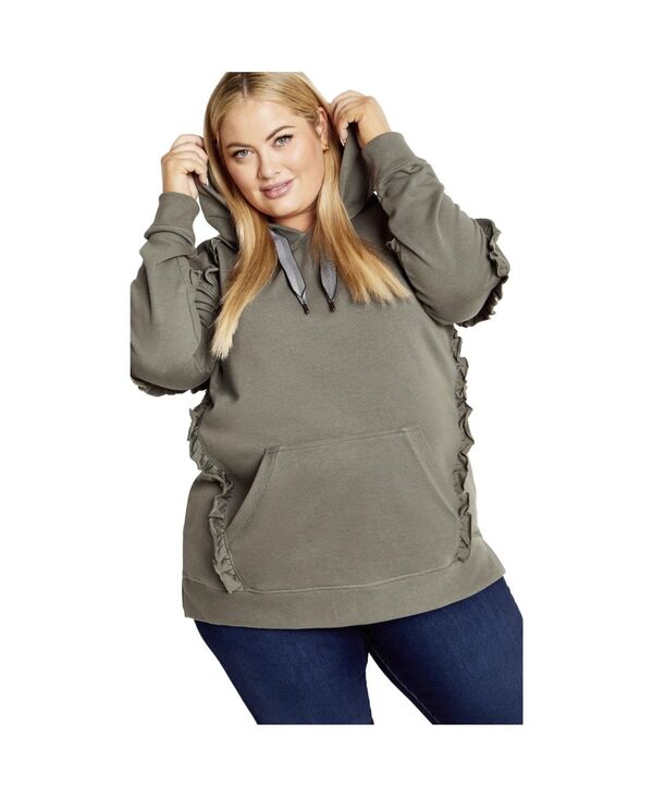 アベニュー レディース アウター パーカー・スウェット AVENUE Women\u0027s Frill Plain Hoodie Olive オリーブ