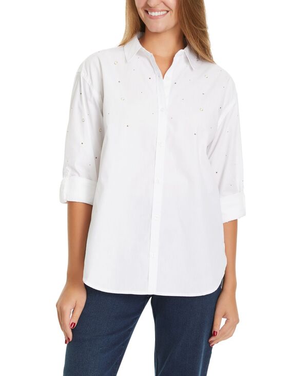 グロリアバンデービルト レディース トップス シャツ Gloria Vanderbilt Women's Embellished Button Up Shirt White ホワイト