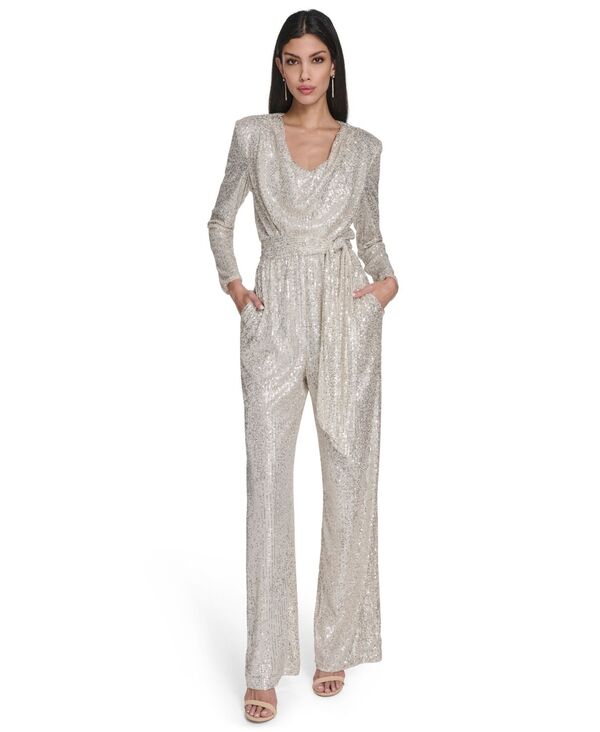 エリザジェイ レディース ボトムス カジュアルパンツ スパンコール ジャンプスーツ 長袖 Eliza J Women's Long-Sleeve Social-Sequin Jumpsuit Silver シルバー