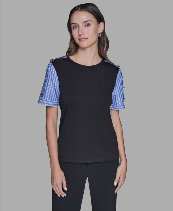 カール ラガーフェルド レディース トップス シャツ ブラウス KARLAGERFELD PARIS Women's Pinstripe-Sleeve Pull-On Blouse Black ブラック