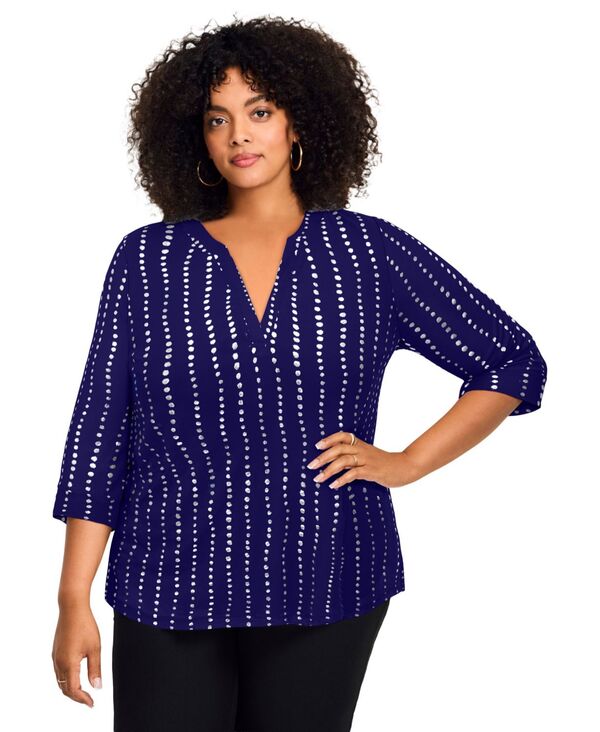 アベニュー レディース トップス シャツ プラスサイズ AVENUE Women's Plusize Split-Neck Foil Top Blue stripe dot ブルー