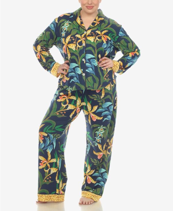 ホワイトマーク レディース アンダーウェア ナイトウェア プラスサイズ プリント White Mark Plusize 2 Pc. Wildflower Print Pajama Set Navy ネイビー|ReVida 店