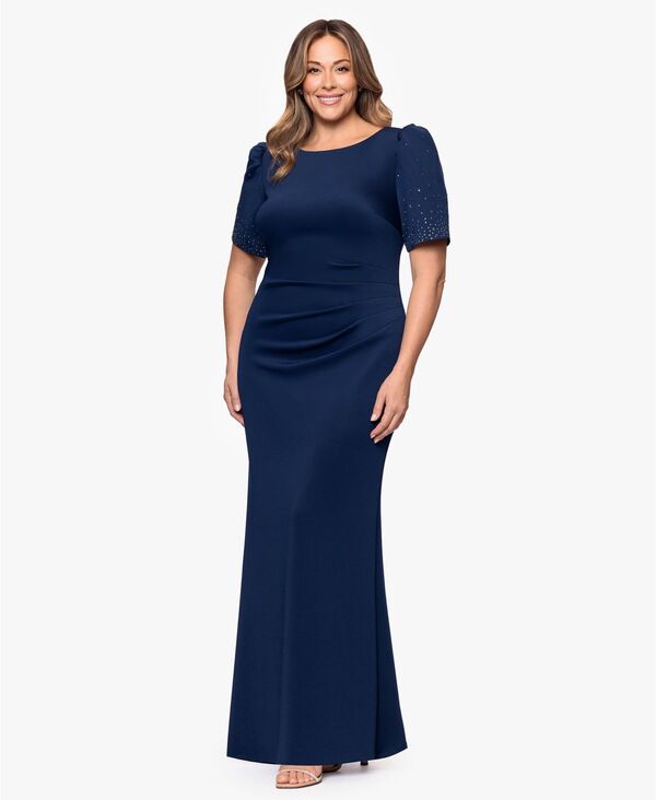 エスケープ レディース トップス ワンピース プラスサイズ プリーツ XSCAPE Plusize Pleated-Waistudded-Sleeve Gown Midnight