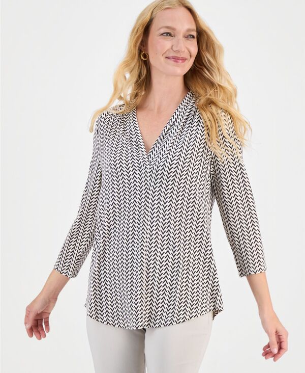 ジェイエムコレクション レディース トップス シャツ Vネック プリント ニット JM Collection Women's Printed 3/4 Sleeve V-Necknitop Neo Natural Combo