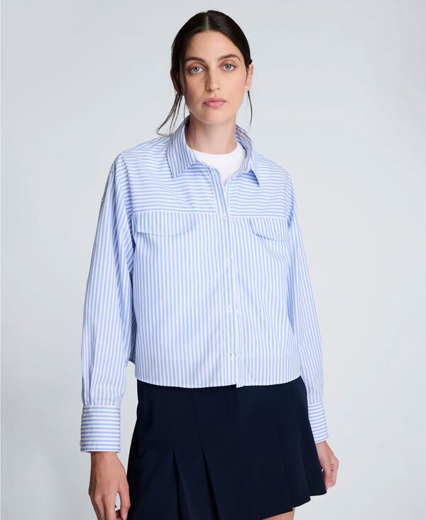 ケネスコール レディース トップス シャツ クロップド Kenneth Cole Women'striped Boxy Cropped Top Glacier Blue/Pure White ホワイト｜ReVida 店 11,235円