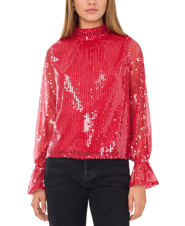 ワンステイト レディース トップス シャツ ドレープ スパンコール 1.STATE Women'sequin Draped-Back Mock-Neck Top Deep Rouge|ReVida 店