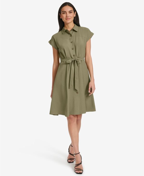 カルバンクライン レディース トップス ワンピース シャツ キャップスリーブ キャップ Calvin Klein Women's Belted Cap-Sleeve Shirtdress Light olive オリーブ