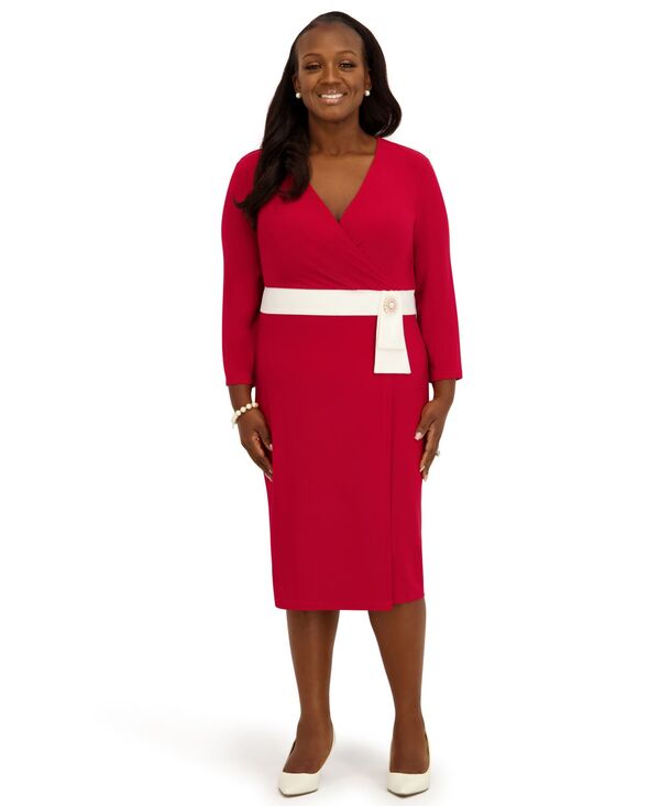 カスパール レディース トップス ワンピース Vネック ひざ丈 プラスサイズ Kasper Women's V-Necknee Length Wrap Dress Regular and Plusize Crimson クリムゾン 18,965円