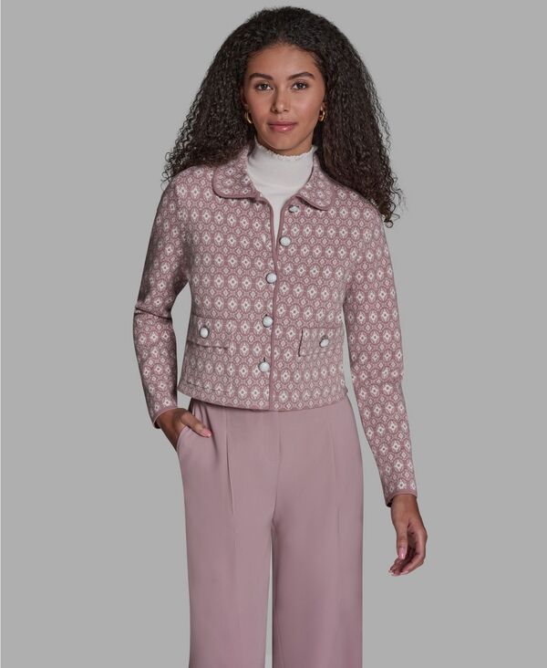 ビーシビージー レディース アウター ジャケット・ブルゾン プリント セーター ニット 長袖 BCBG Women's Printed Long-Sleeve Sweater Knit Jacket Soft Dusk/Whisper White ホワイト