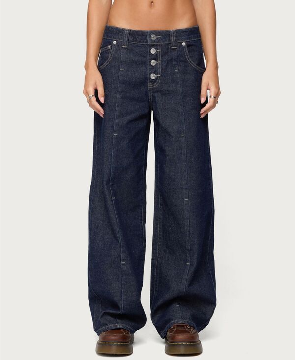 アディクテッド レディース ボトムス デニムパンツ ローライズ ジーンズ Edikted Women's Polley Button Up Low Rise Baggy Jeans Dark-blue-washed ブルー｜ReVida 店