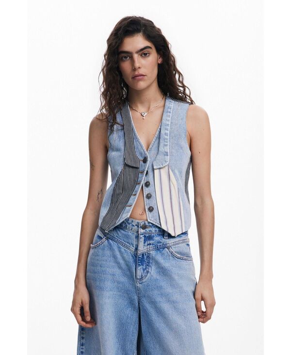 デジグアル レディース アウター ジャケット・ブルゾン パッチワーク ベスト デニム Desigual Women's Patchwork denim vest Navy blue ネイビー