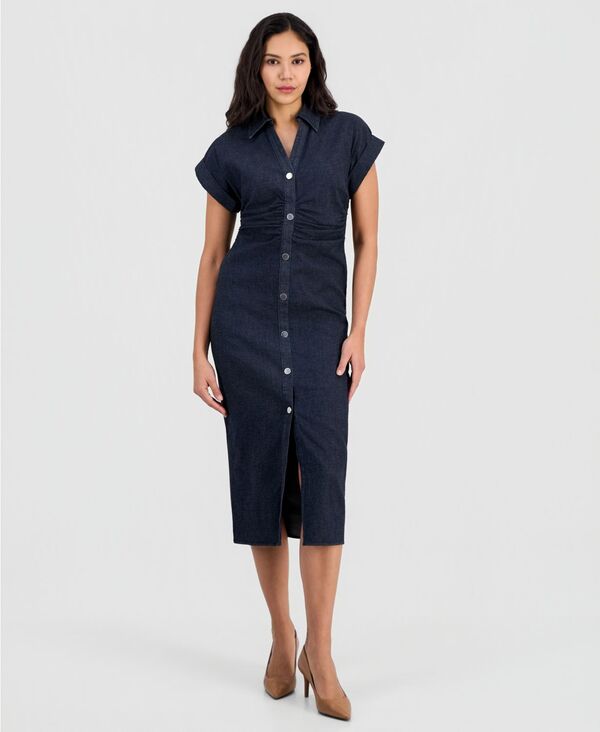 アンクライン レディース トップス ワンピース ミディ Anne Klein Women's Collared Button-Front Midi Dress Dark Rinse Wash