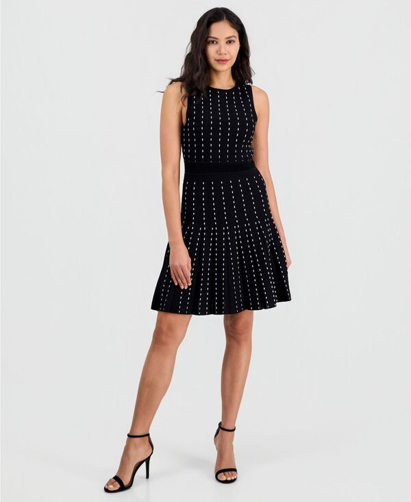 アンクライン レディース トップス ワンピース プリーツ セーター Anne Klein Women's Pinstripe Pleated Sweater Dress Anne Black/ White Dove ホワイト 19,236円