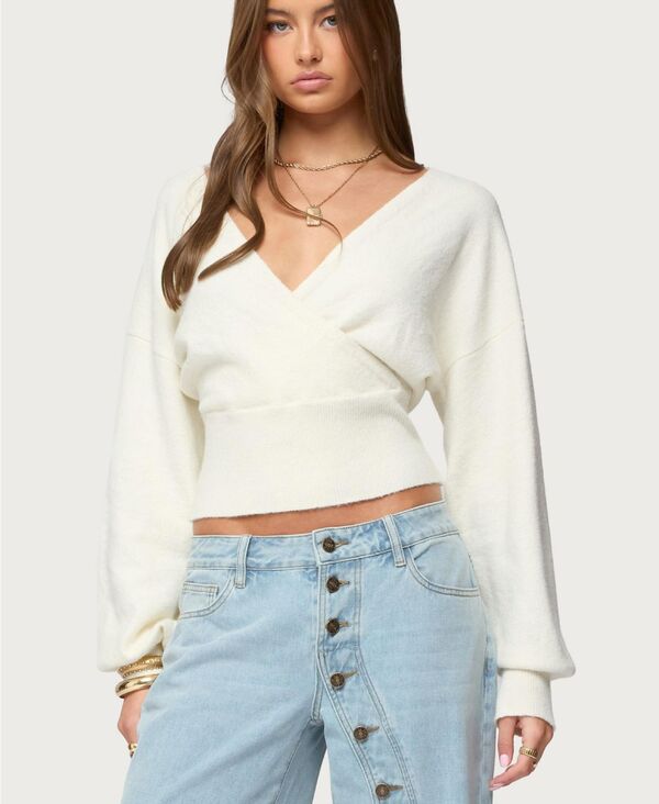 アディクテッド レディース アウター ニット・セーター Vネック Edikted Women's Lillia V Neck Wrap Sweater White ホワイト｜ReVida 店