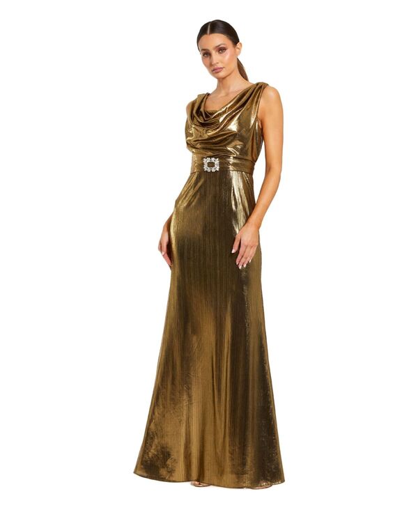 マックダガル レディース トップス ワンピース トール ノースリーブ Mac Duggal Women's Metallic Sleeveless Cowl Neck Trumpet Gown with Belt Antique gold ゴールド|ReVida 店
