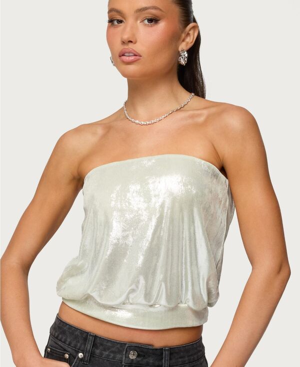 アディクテッド レディース トップス シャツ シルク ストラップレス Edikted Women's Leira Silky Sparkly Strapless Top Metalic Silver シルバー|ReVida 店
