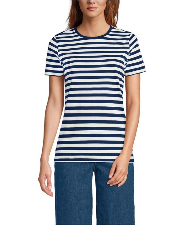 ランズエンド レディース トップス シャツ クルーネック コットン Lands' End Women's Relaxed Supima Cotton Crew Neck T-Shirt Deep sea navy even stripe ネイビー