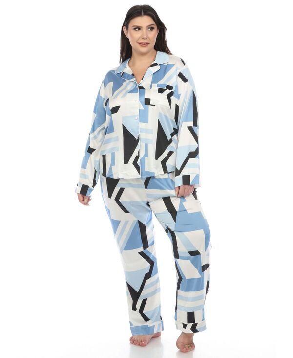 ホワイトマーク レディース アンダーウェア ナイトウェア プラスサイズ プリント サテン White Mark Plusize Printed Satin Pajama Set Blue ブルー｜ReVida 店 15,525円