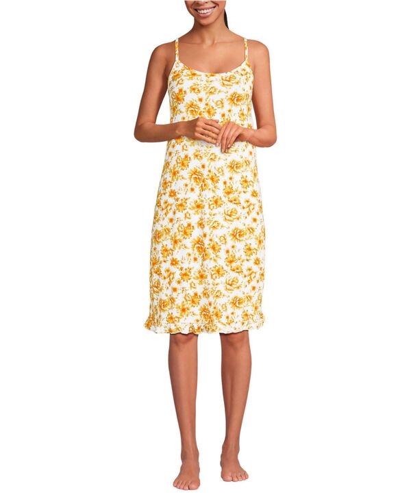 ランズエンド レディース アンダーウェア ナイトウェア ひざ丈 プチ Lands' End Women's Petite Cooling Knee Length Slip Nightgown Pale yellow painted floral イエロー