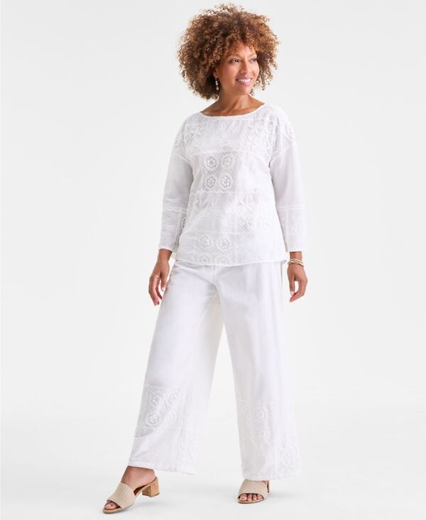 スタイルアンドコー レディース ボトムス カジュアルパンツ ワイドレッグ パッチワーク Style & Co Women's Wide Leg Crochet Embroidery Patchwork Pants Natural