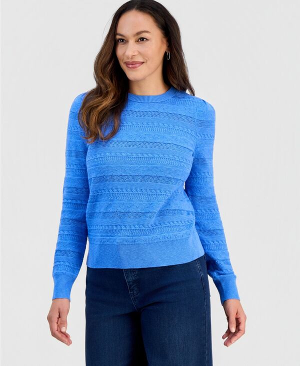 スタイルアンドコー レディース アウター ニット・セーター クルーネック プチ 長袖 Style & Co Petite Crewneck Pointelle Long-Sleeve Sweater Daffodil Blue ブルー