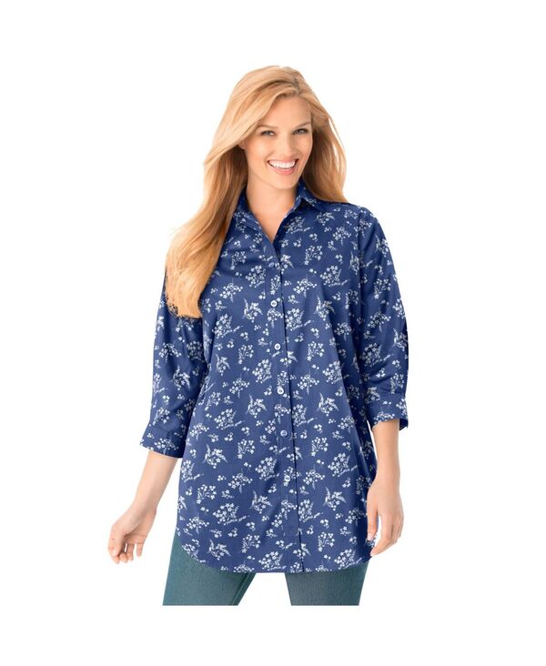 ウーマン ウィズイン レディース トップス シャツ プラスサイズ Woman Within Plusize Within Perfecthree Quarter Sleeve Shirt Royal navy linear floral ネイビー