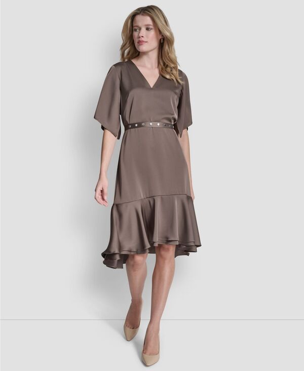 ダナ キャラン ニューヨーク州 レディース トップス 衣装 Vのど首 midi DKNY Women\u0027s Flutter Sleeve V-Neck High Low Midi Dress Morel レディースファッション-ワンピース