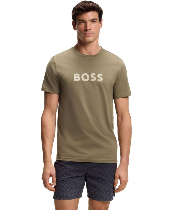 ヒューゴボス メンズ トップス Tシャツ プリント コットン ジャージー ロゴ Hugo Boss Men's Cotton-Jersey Logo Print-Shirt Open Brown ブラウン