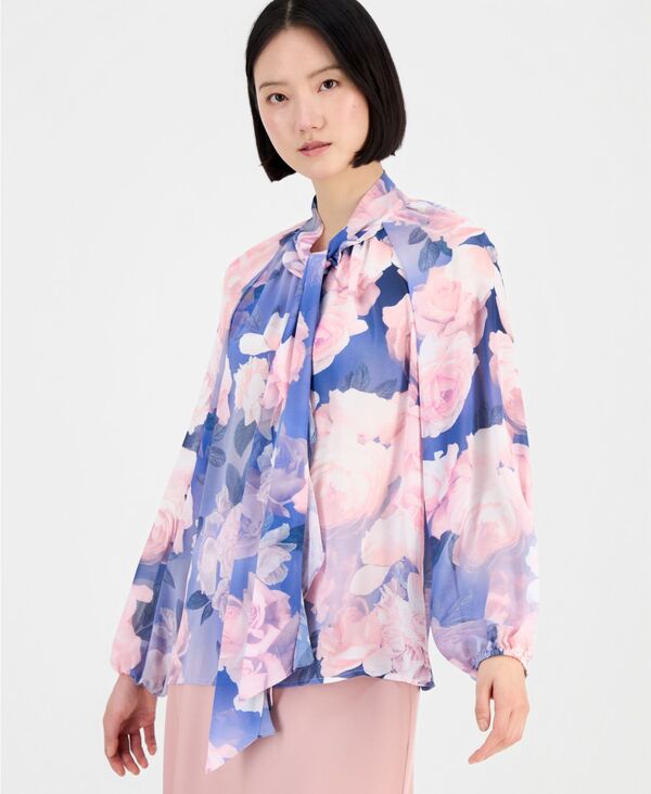 タハリエーエスエル レディース トップス シャツ ブラウス Tahari ASL Women's Tie-Neck Blouson-Sleeve Blouse Blue Petal Floral ブルー