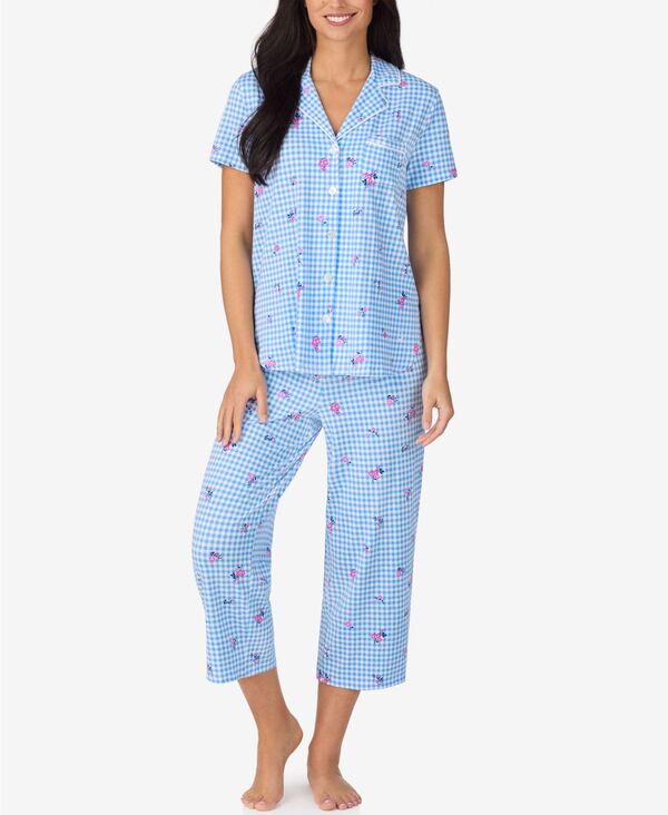 クドルドッズ レディース アンダーウェア ナイトウェア パンツ クロップド Cuddl Duds Women's Cropped Notch Collar Pajama Top and Pants 2-Piece Set Blue Print ブルー