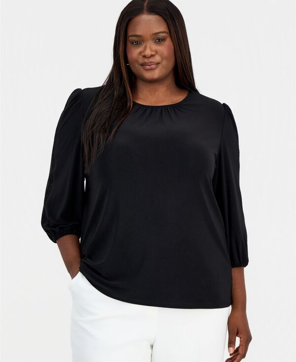 カスパール レディース トップス シャツ プラスサイズ Kasper Plusize Crochet-Trim 3/4-Sleeve Top Black ブラック