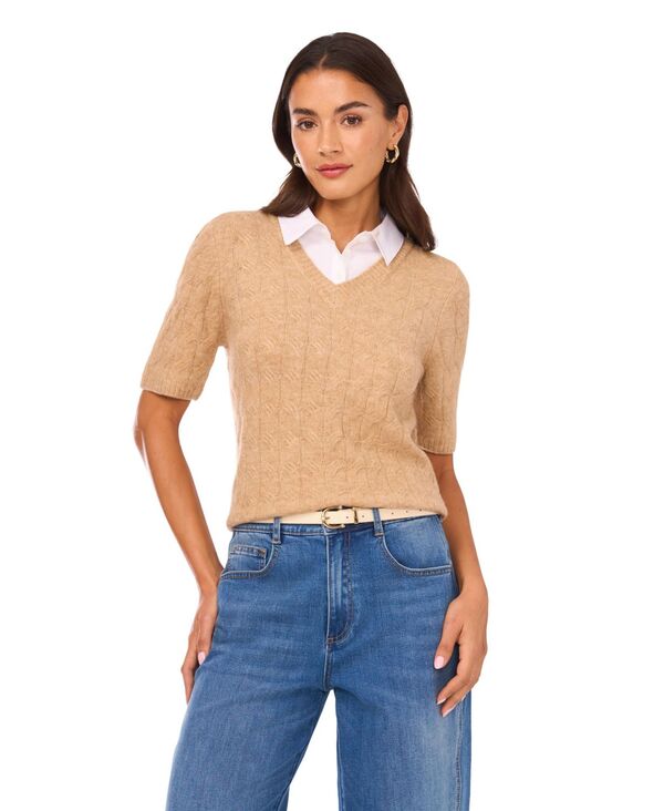 ヴィンスカムート レディース アウター ニット・セーター シャツ Vince Camuto Women's Attached Shirt Combo Sweater Latte Heather ヘザー|ReVida 店