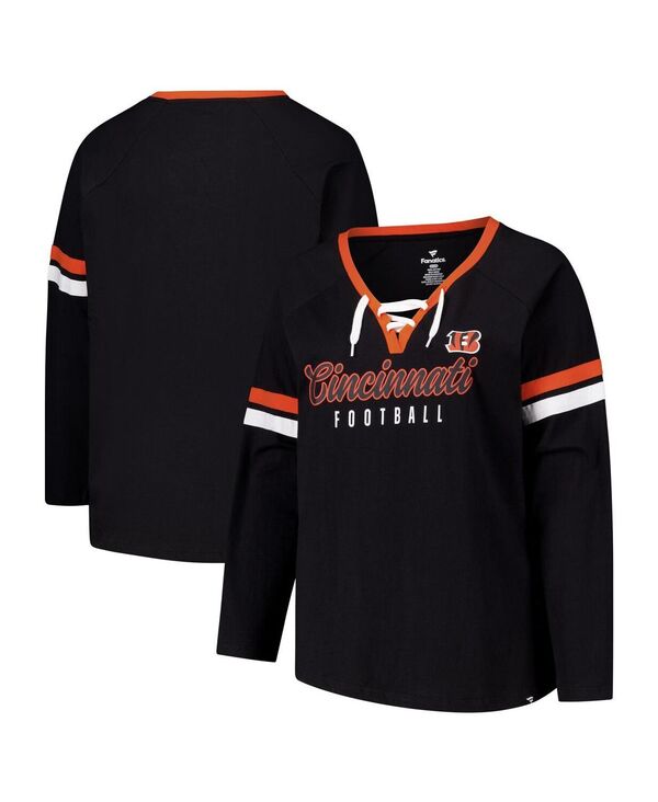 ファナティクス レディース トップス Tシャツ Vネック プラスサイズ レース Fanatics Women's Black Cincinnati Bengals Plusize Won Done Lace-Up V-Neck Long Sleeve T-Shirt Black ブラック