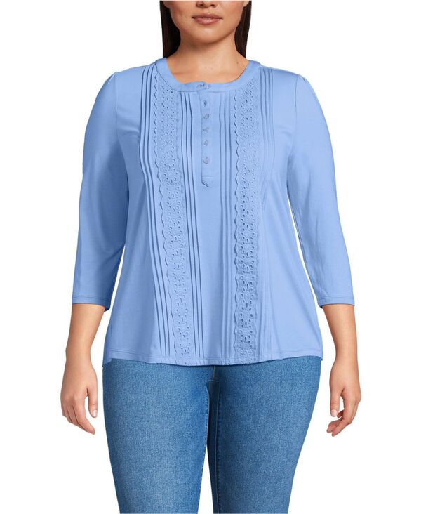 ランズエンド レディース トップス シャツ プラスサイズ ジャージー Lands' End Women's Plusize 3/4 Sleeve Lightweight Jersey Embellished Top Clear blue sky ブルー